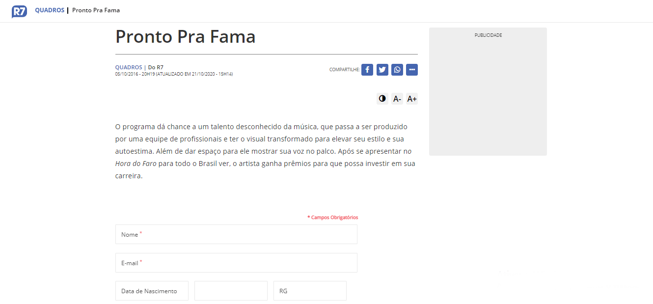 Inscrições Pronto Pra Fama